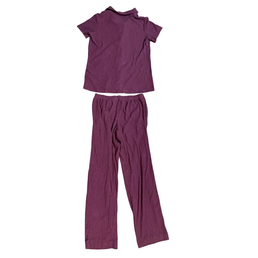 Tommy John Womens Plum‎ Ribbed Pajama Set Short Sleeve Button Top Pants Small